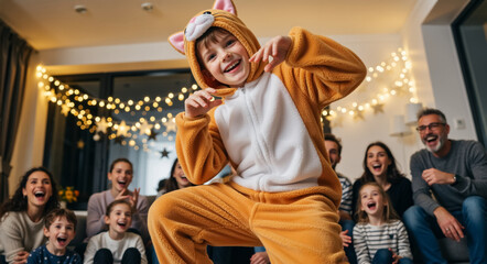 Fototapeta premium Happy child in a cat costume performing for his laughing family at a home party. Joyful multi-generational gathering during a festive holiday celebration