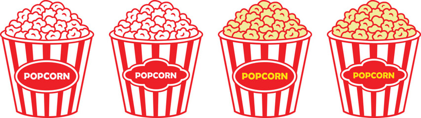 Popcorn bucket silhouette icons set. Minimalist red and white stripes popcorn bucket vector illustration, isolated on transparent background. Eps 10 © Mon Amour