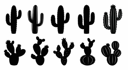 Silhouette Collection of Various Cactus Plants in Desert Landscape.