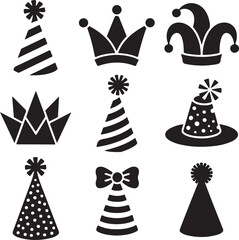 Black and White Silhouette Illustration of 9 Party Hat Designs