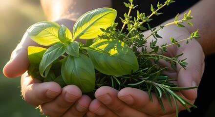 A pair of hands cupping a large, vibrant bunch of fresh culinary herbs, including basil, rosemary, and thyme, highlighted by warm outdoor sunlight.