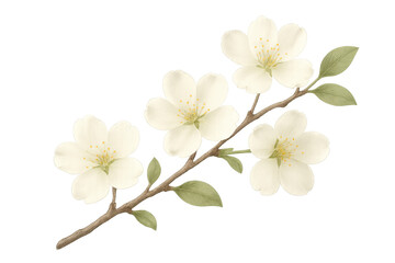 Obraz premium White cherry blossom branch illustration in spring, delicate flowers blooming on stem, watercolor painting, transparent background