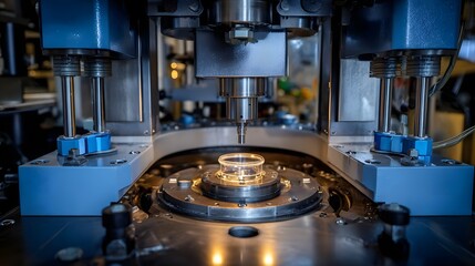 Automated industrial hinery precisely holding a clear vial for processing