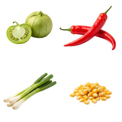 Four ingredients for mexican cuisine tomatillos, chili peppers, green onions, and corn kernels, isolated on transparent background
