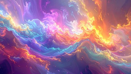 Swirling abstract colorful waves with purple, orange, blue, and pink hues create a fluid, dreamy, painterly scene