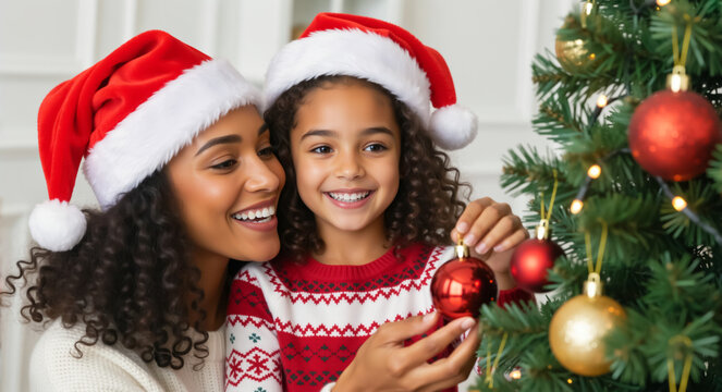 Happy mother and daughter decorating a Christmas tree together. Smiling family in Santa hats hanging ornaments during the festive holiday season - Powered by Adobe