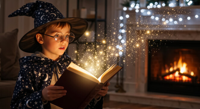 Young boy in a wizard costume reading a magical glowing book. Child sorcerer casting a spell from a fantasy story by a cozy fireplace at christmas