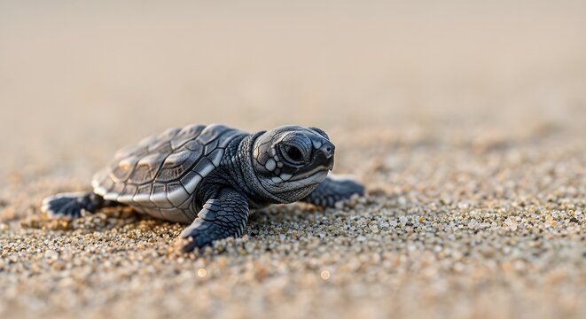 A tiny, newborn sea turtle hatchling slowly making its way across the rough, textured beach sand towards the ocean. Symbolizes new life and conservation.