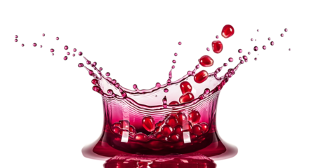 Vibrant red liquid splashing, forming a crown shape with falling berries isolated on transparent background the dynamic movement and rich color create a visually striking and refreshing image