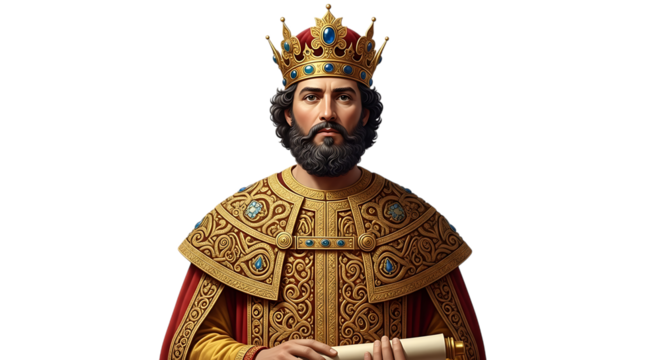 Ancient king wearing a gold crown and holding an ancient scroll in his hand, transparent background.