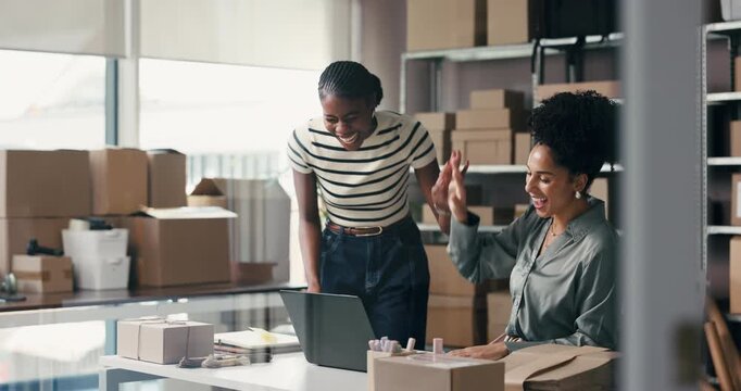 Logistics, women or high five with laptop in small business for sales profit, shipping goals or success. Supply chain staff, happy team and tech with fist pump for startup award and delivery deal