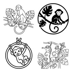 International monkey day collection of four black and white monkey illustrations for coloring book or stencil design