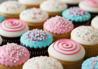 Fototapeta premium An array of colorful cupcakes topped with frosting, sprinkles, and swirl designs