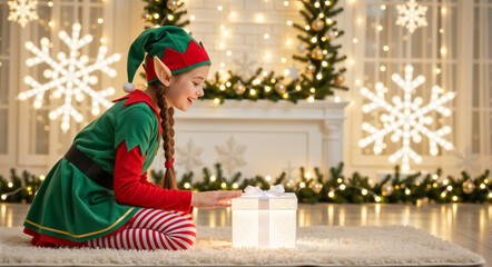 A happy girl in a Christmas elf costume looks at a magical glowing gift. Smiling child celebrating the holiday season with a surprise present in a festive home interior