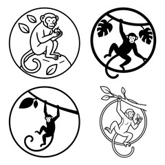 International monkey day set of four black and white monkey icons in circle frame isolated on