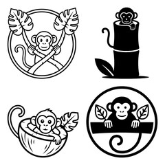International monkey day collection of four cute monkey line art and silhouette logo design element isolated on