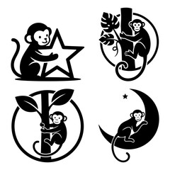 International monkey day four black and white monkey logo designs, silhouette and outline style, isolated