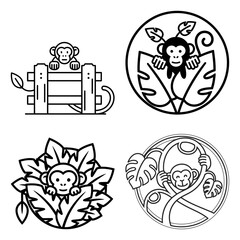 International monkey day four different black and white icon designs featuring a cute monkey in a jungle setting
