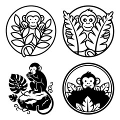 International monkey day assortment of four stylized monkey graphic design element with tropical plant motif isolated on