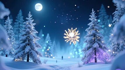 Enchanting snowy forest with fireworks display under moonlit winter sky - Powered by Adobe