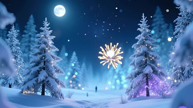 Enchanting snowy forest with fireworks display under moonlit winter sky - Powered by Adobe