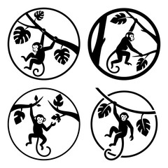 International monkey day collection of four circular monkey silhouette icons swinging on tree branch isolated on