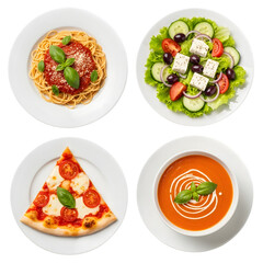 Collage of italian food including spaghetti, salad, pizza, and tomato soup isolated on transparent background