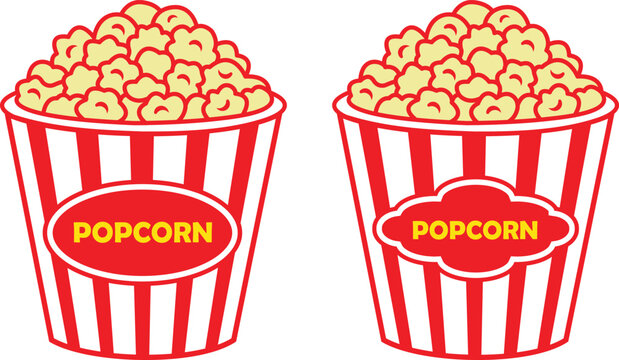 Popcorn bucket silhouette icons set. Minimalist red and white stripes popcorn bucket vector illustration, isolated on transparent background. Eps 10