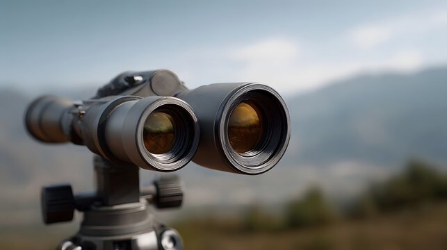 Black binoculars on a tr overlooking a blurred mountain vista