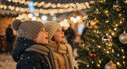 Children filled with wonder looking at a decorated Christmas tree. Boy and girl enjoying a festive holiday market at night with falling snow. Winter and new year celebration