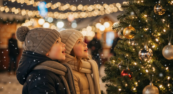 Children filled with wonder looking at a decorated Christmas tree. Boy and girl enjoying a festive holiday market at night with falling snow. Winter and new year celebration