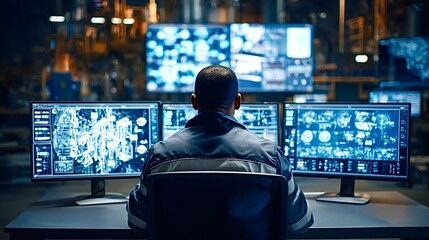 Engineer monitoring industrial facility operations on multiple screens