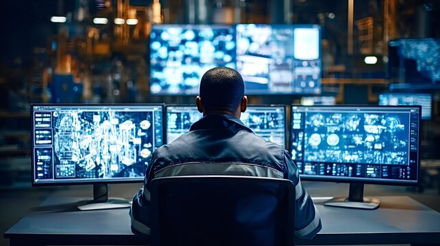 Engineer monitoring industrial facility operations on multiple screens