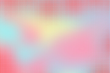 Dynamic abstract background featuring a soft gradient blend of vibrant pastel colors like pink, blue, and yellow, accentuated by a stylish red halftone dot pattern for modern graphic design