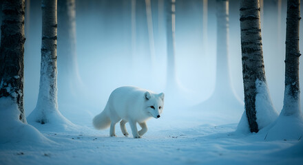 Stunning white fox walking through a snowy, serene winter wonderland, perfect for holiday promotions or arctic wildlife documentaries, evokes peace and nature