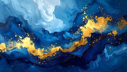 Swirling blues blend with gold, creating a dynamic, abstract flow, resembling water and precious elements