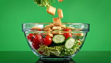 Slow Motion Fresh Salad Ingredients Gently Floating and Arranging into Bowl on Green Screen Background - Powered by Adobe