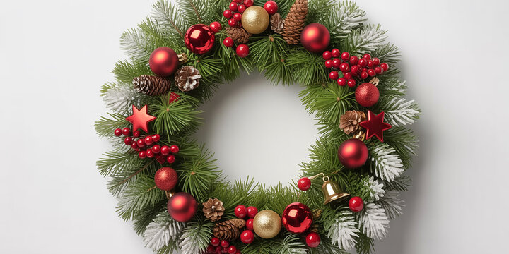 Festive Christmas wreath with red and gold ornaments, pinecones, and berries on a white background. Ideal for holiday greetings, winter season promotions, or seasonal decor. Includes copy space.