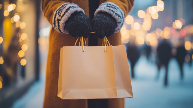 Close-up of hands holding kraft paper shopping bags adorned in winter gloves with festive lights glowing in the background during golden hour in an urban setting
