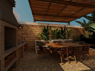 mesa de terraza con banco en villa de lujo 