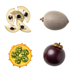 Assortment of exotic fruits including soursop, kiwano, mangosteen, and palm nut isolated on transparent background