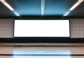 Large empty horizontal digital billboard mockup inside modern subway station infrastructure. Blank advertising screen display on a clean transit platform wall. Digital signage template in illuminated 