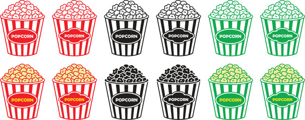 Popcorn bucket silhouette icons set. Minimalist popcorn box vector illustration isolated on transparent background. Eps 10 © Mon Amour