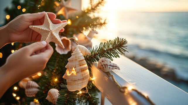 Coastal holiday spirit shines as hands delicately place a natural starfish ornament on a beautifully adorned Christmas tree by the ocean at sunset