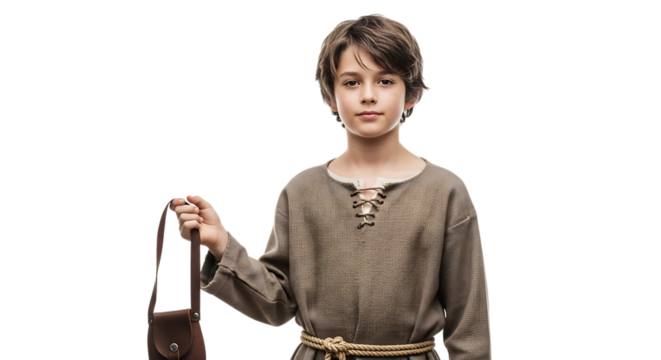 Representation of a young red-haired shepherd, David from biblical times, with a sling in his hand to kill the giant Goliath. Transparent background