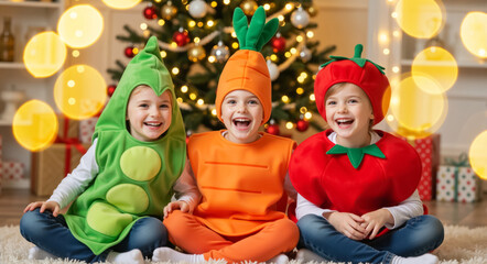 Happy children in vegetable costumes celebrating Christmas. Three cute kids dressed as a pea, carrot, and tomato having fun at a holiday party