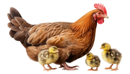 Mother Hen with Three Chicks in a Natural Setting on a Farm Background