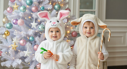 Fototapeta premium Two cute toddlers in bunny and lamb costumes celebrate Christmas. Happy children posing in front of a decorated white New Year tree with pastel ornaments