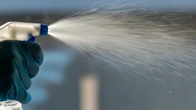 Closeup of water spray ejection from blue nozzle with gloved hand during rapid motion