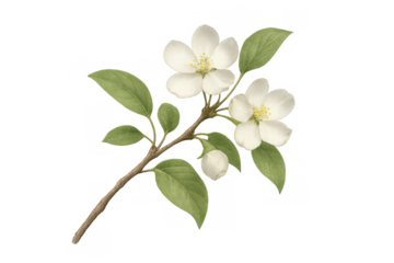 White flowers blooming on branch with green leaves, botanical illustration of spring apple or jasmine blossom, transparent png